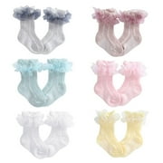 6 Pairs Baby Toddler Girls Princess Knit Cotton Frilly Socks Lace Ruffle Breathable Casual Dress Socks Mesh Socks for 0-5 Years Infant and Toddlers